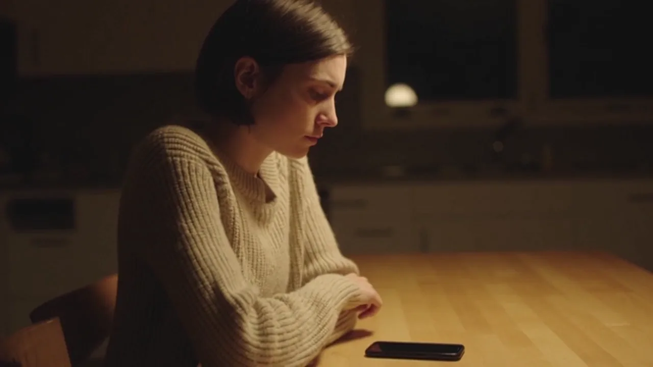 Nadia sits at the kitchen table with her face, sweater, hands and dark-screen phone visible in the same medium frame.