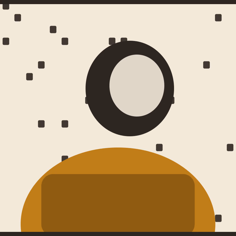 A stylised portrait of a person facing the viewer, flat gold and black shapes on warm cream, in a two-ink risograph print