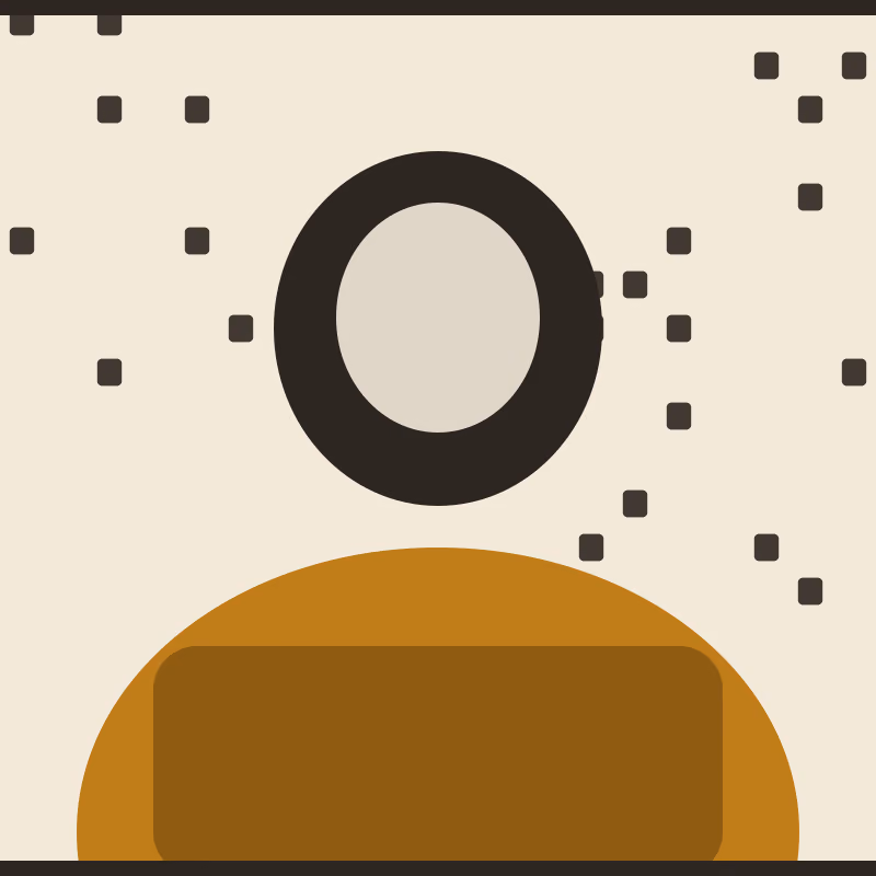 A stylised portrait of a person in three-quarter view, flat gold and black shapes on warm cream, in a two-ink risograph print