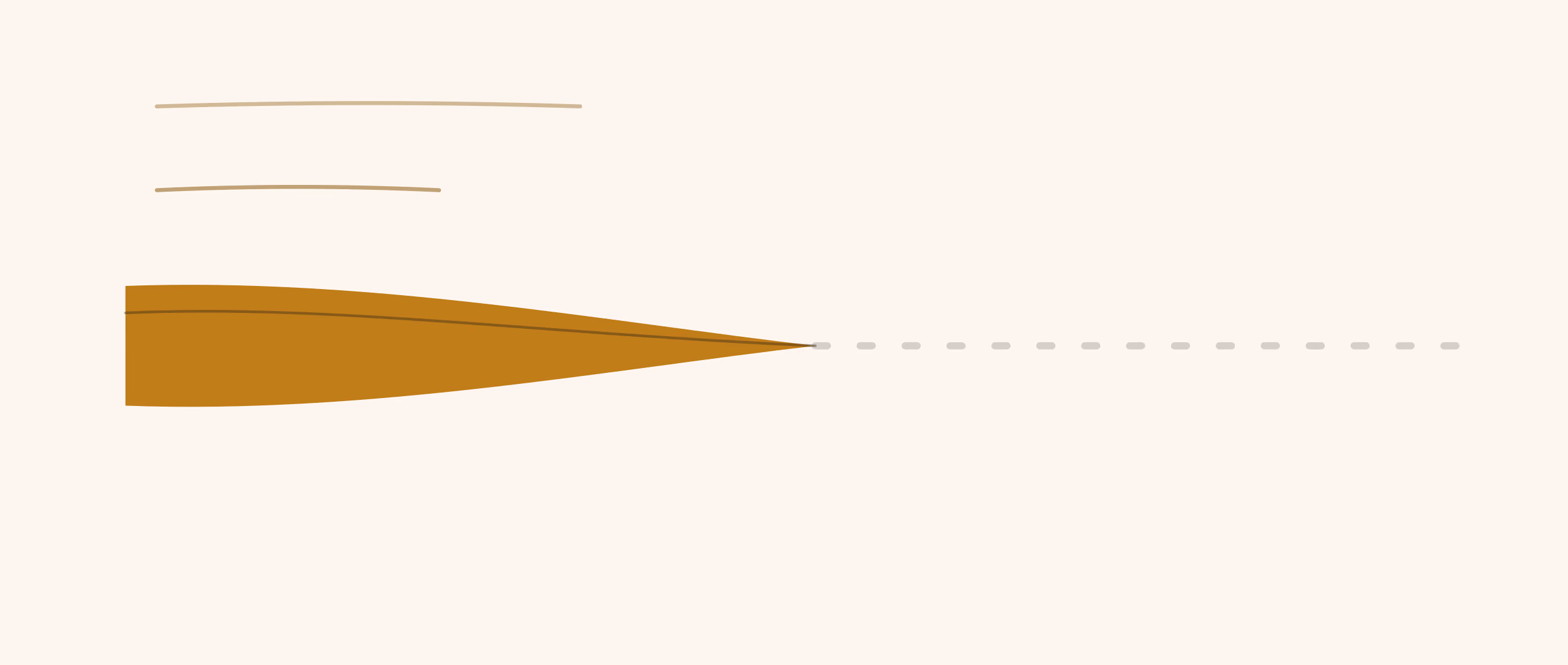 A single gold brushstroke tapers to a point partway across a cream field; a thin grey dashed line continues where the stroke does not.