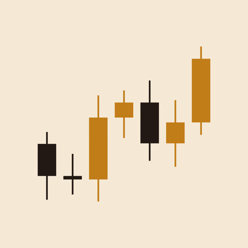 A small cluster of flat gold and black candlestick shapes climbing left to right on a warm cream ground, in a two-ink risograph style