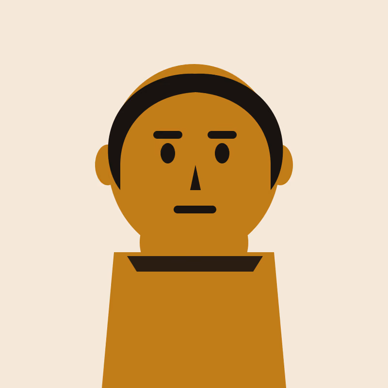 A stylised portrait of a person facing the viewer, flat gold and black shapes on warm cream, in a two-ink risograph print