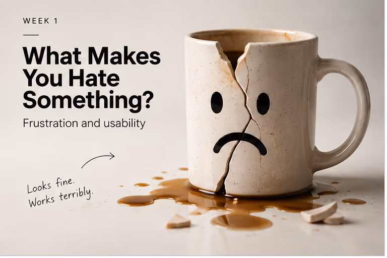 A ceramic mug cracked into a frowning face, leaking coffee onto the counter, next to the note "Looks fine. Works terribly."