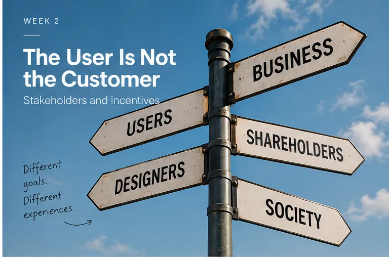 A crossroads signpost with arrows pointing to Business, Users, Shareholders, Designers and Society, next to the note "Different goals. Different experiences."