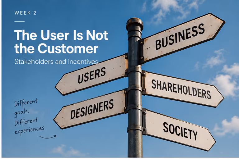 A crossroads signpost with arrows pointing to Business, Users, Shareholders, Designers and Society, next to the note "Different goals. Different experiences."