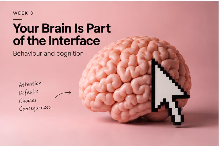 A large pink model brain with a pixelated cursor arrow pressed into its side, next to the note "Attention. Defaults. Choices. Consequences."