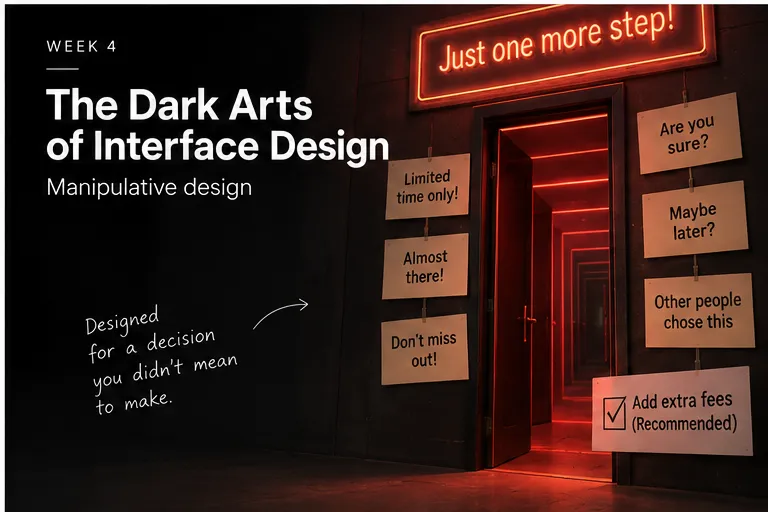 A glowing red corridor of doors under a neon sign reading "Just one more step!", flanked by sticky notes reading "Are you sure?", "Maybe later?" and a pre-checked "Add extra fees (Recommended)."