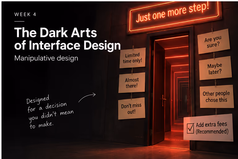 A glowing red corridor of doors under a neon sign reading "Just one more step!", flanked by sticky notes reading "Are you sure?", "Maybe later?" and a pre-checked "Add extra fees (Recommended)."