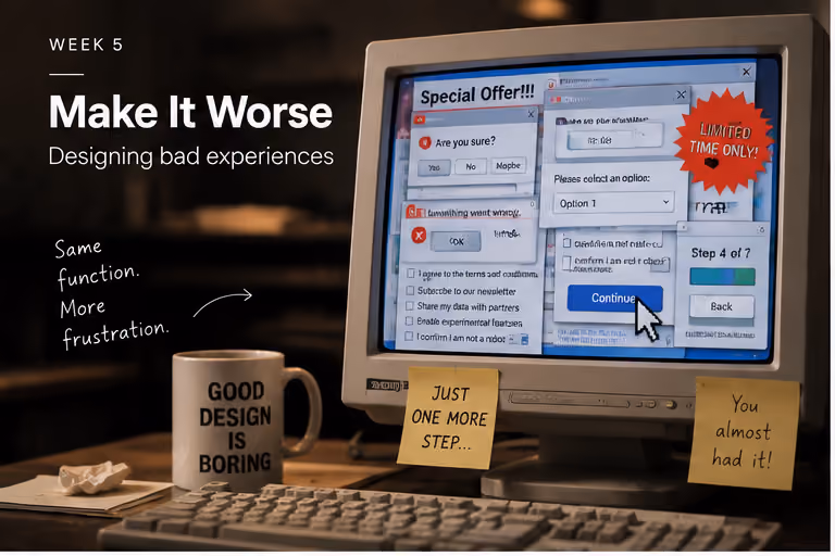 An old CRT monitor cluttered with overlapping pop-ups and a "Continue" button, beside a mug reading "Good design is boring" and sticky notes reading "Just one more step..." and "You almost had it!"