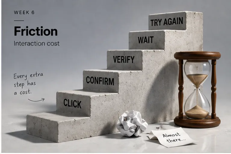 A staircase of concrete steps labelled Click, Confirm, Verify, Wait and Try Again, leading up to an hourglass, next to the note "Every extra step has a cost."