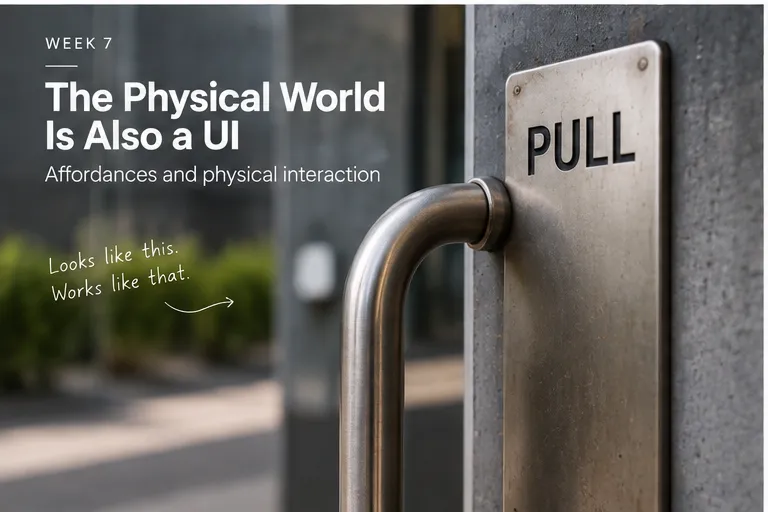 A door handle plate labelled "PULL" on a door that has to be pushed, next to the note "Looks like this. Works like that."