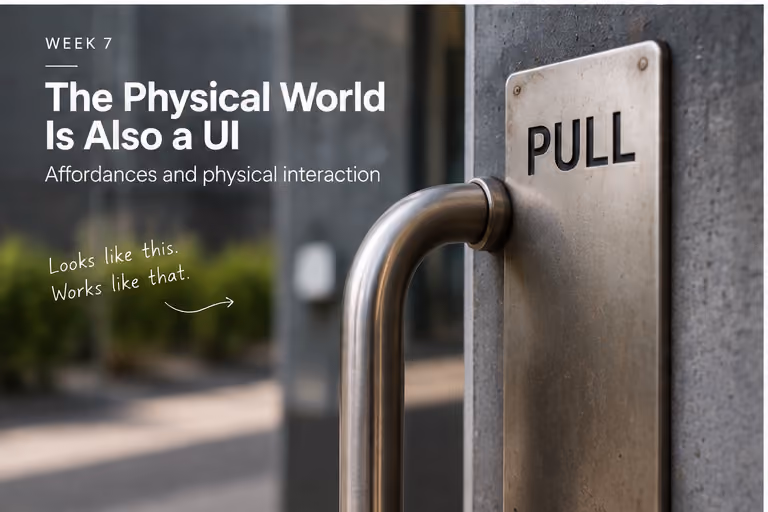 A door handle plate labelled "PULL" on a door that has to be pushed, next to the note "Looks like this. Works like that."
