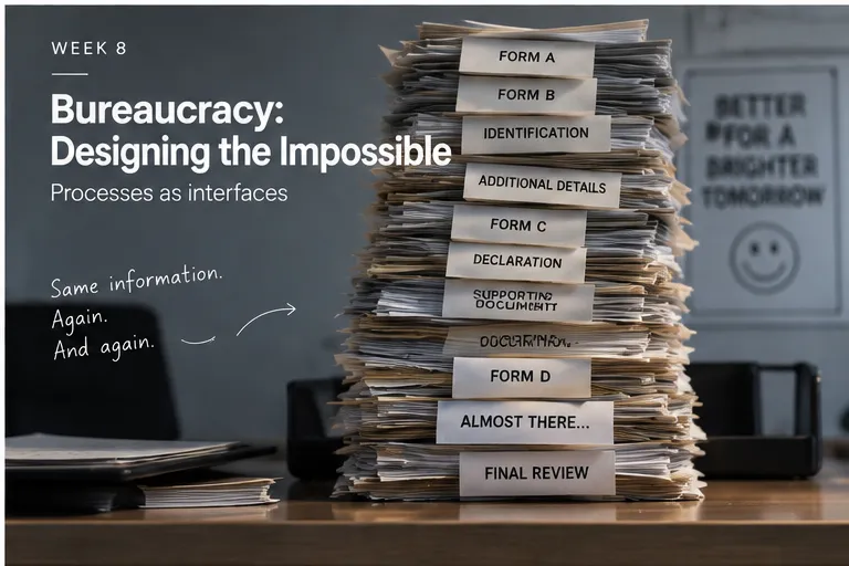 A precarious stack of forms labelled Form A, Identification, Additional Details, Declaration and Final Review, next to the note "Same information. Again. And again."