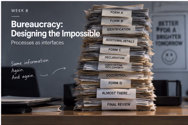A precarious stack of forms labelled Form A, Identification, Additional Details, Declaration and Final Review, next to the note "Same information. Again. And again."