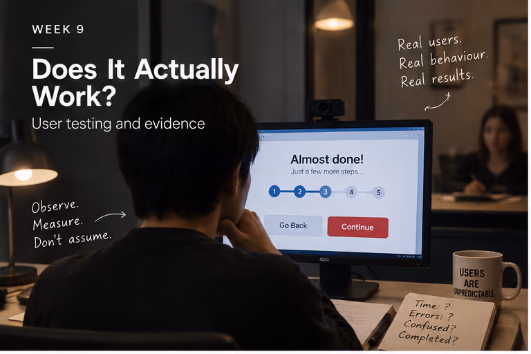 A person watching a stranger struggle through an "Almost done!" checkout flow, next to a mug reading "Users are unpredictable" and the note "Observe. Measure. Don't assume."