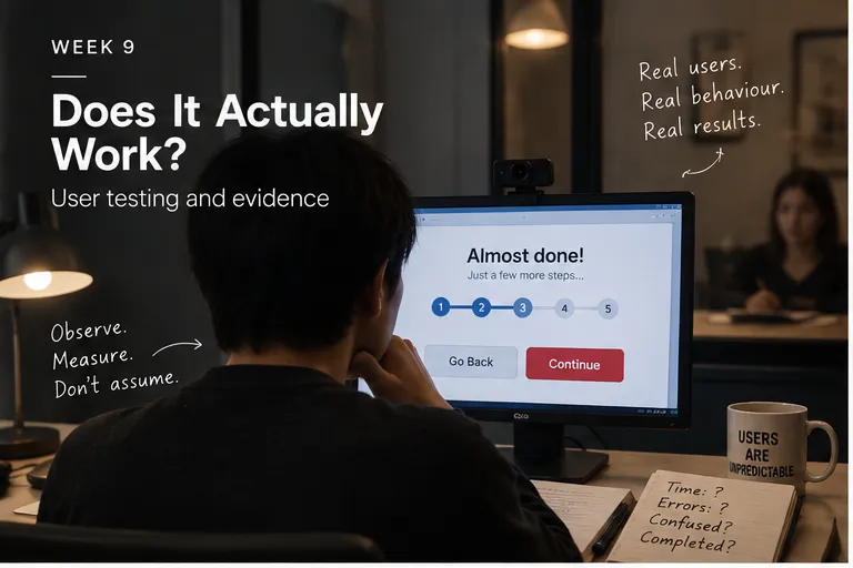 A person watching a stranger struggle through an "Almost done!" checkout flow, next to a mug reading "Users are unpredictable" and the note "Observe. Measure. Don't assume."