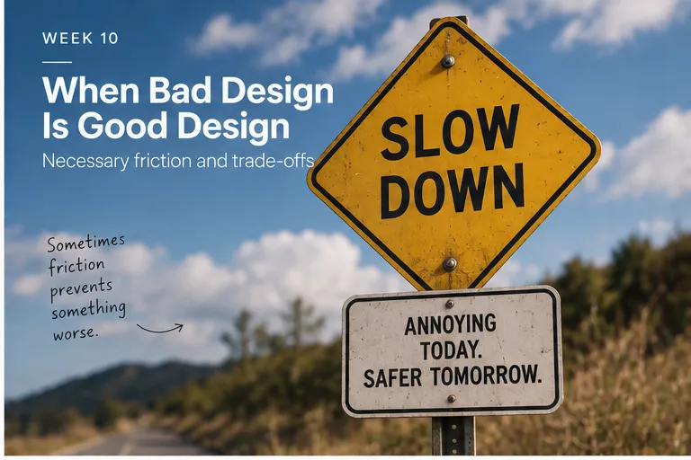 A yellow "SLOW DOWN" road sign above a smaller sign reading "Annoying today. Safer tomorrow.", next to the note "Sometimes friction prevents something worse."