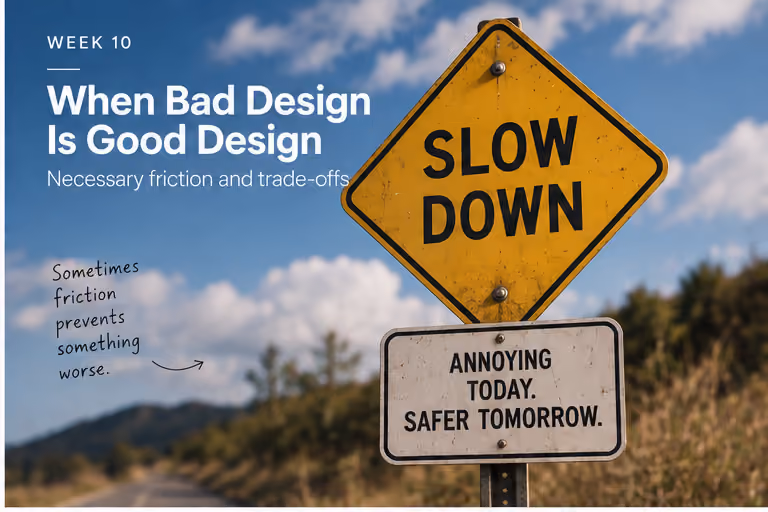 A yellow "SLOW DOWN" road sign above a smaller sign reading "Annoying today. Safer tomorrow.", next to the note "Sometimes friction prevents something worse."