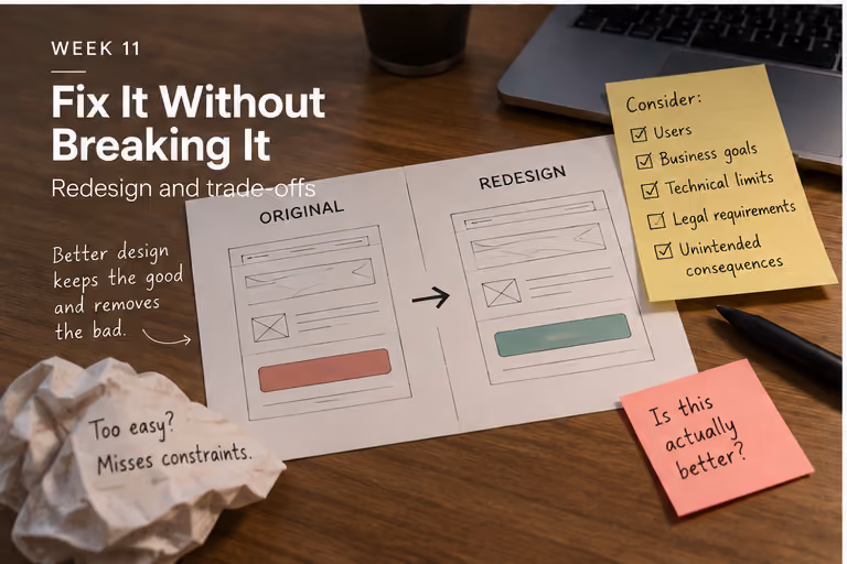 A wireframe sketch of an original screen redesigned into a better one, surrounded by sticky notes checklisting users, business goals, technical limits and legal requirements, next to the note "Better design keeps the good and removes the bad."