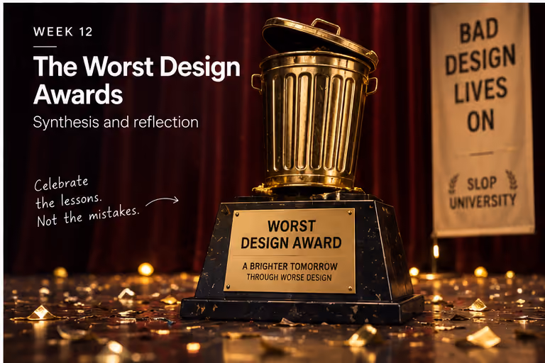 A trophy shaped like a golden bin on a stage, engraved "Worst Design Award — a brighter tomorrow through worse design", next to the note "Celebrate the lessons. Not the mistakes."